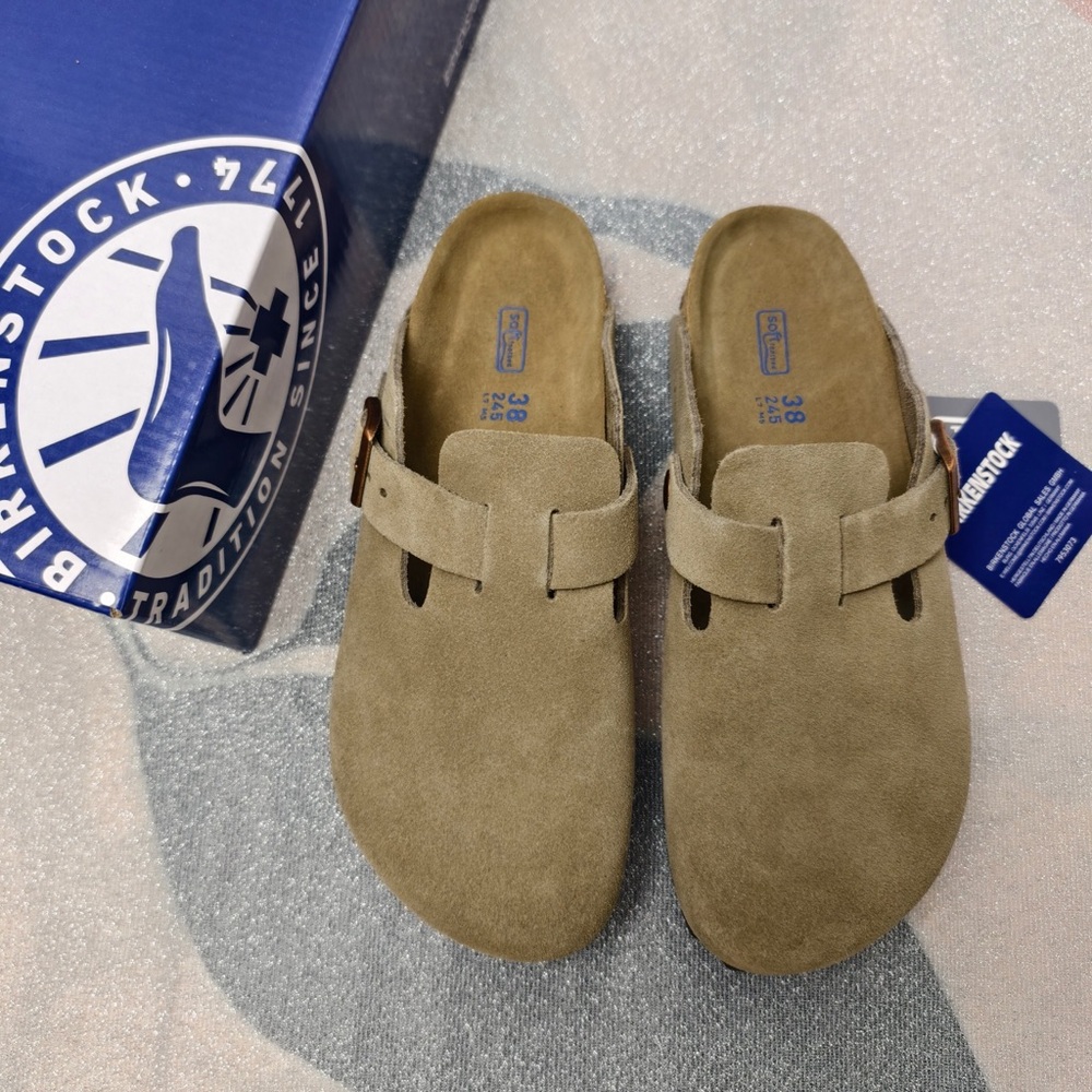 Women's Birkenstock Boston Taupe Suede Shoes - Narrow Fit